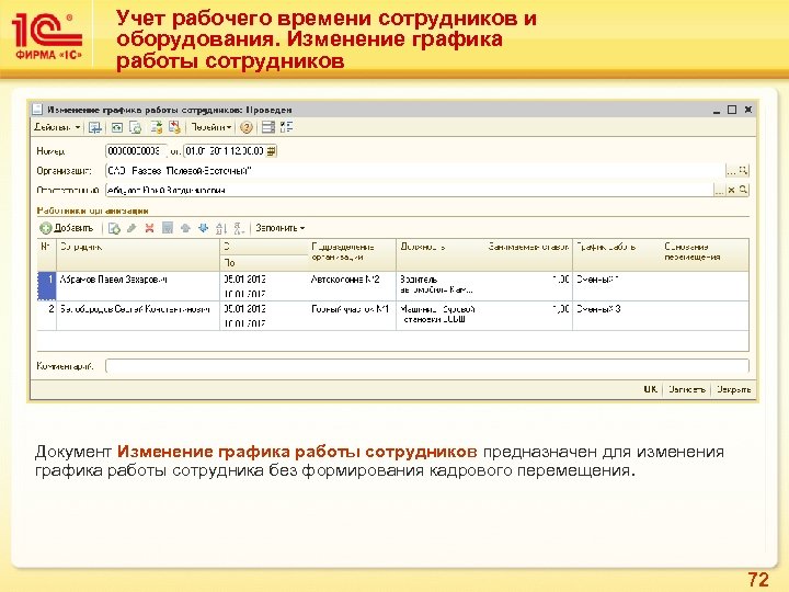 Учет рабочего времени сотрудников и оборудования. Изменение графика работы сотрудников Документ Изменение графика работы
