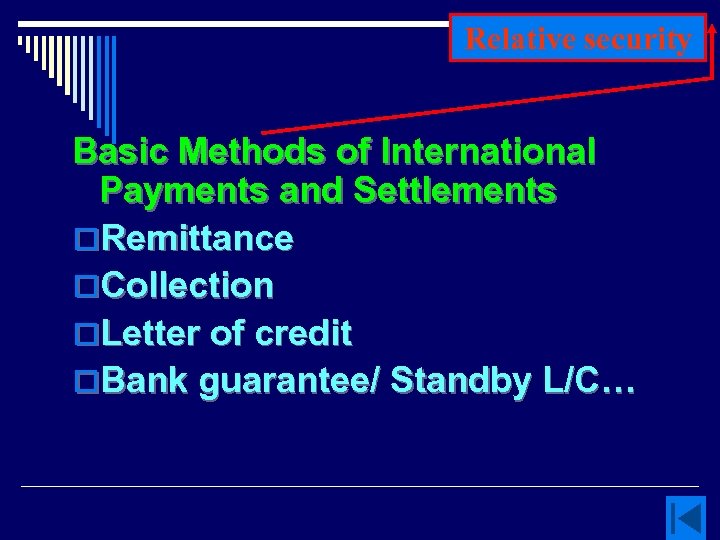 Relative security Basic Methods of International Payments and Settlements o. Remittance o. Collection o.