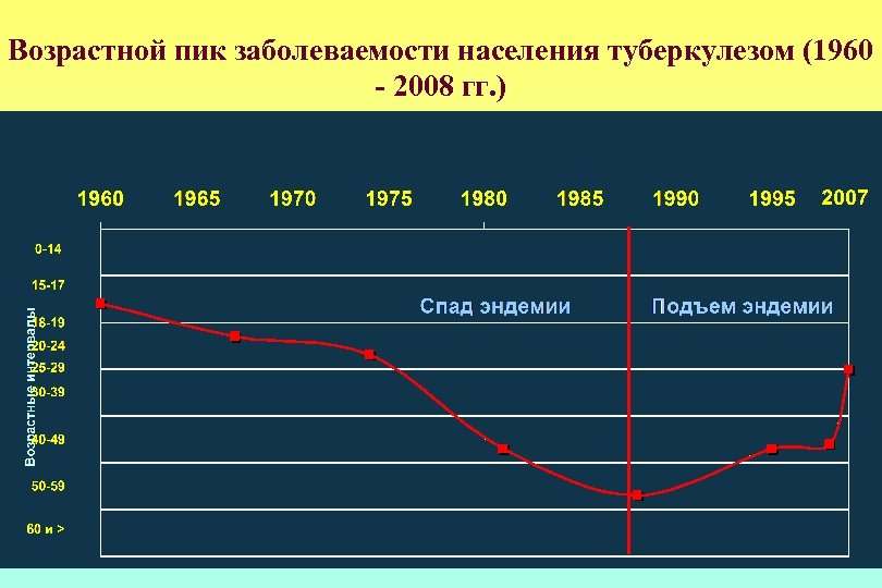 Возрастной пик заболеваемости населения туберкулезом (1960 - 2008 гг. ) 