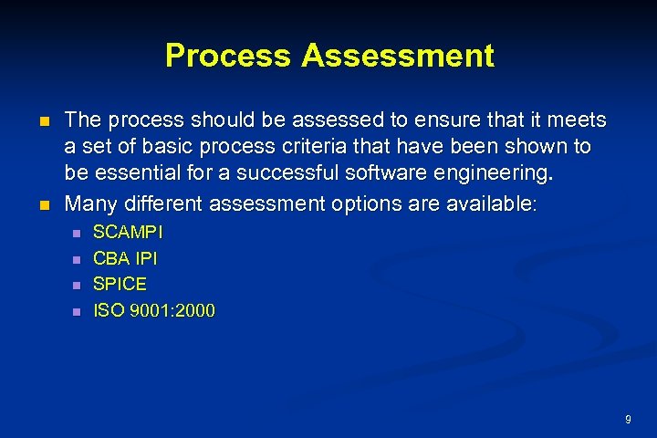 Process Assessment n n The process should be assessed to ensure that it meets