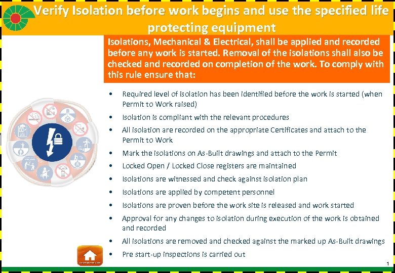 Verify Isolation before work begins and use the specified life protecting equipment Isolations, Mechanical