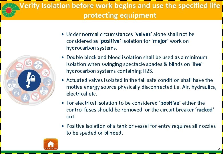 Verify Isolation before work begins and use the specified life protecting equipment • Under