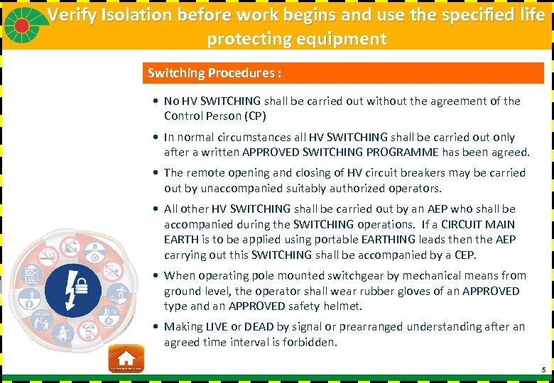 Verify Isolation before work begins and use the specified life protecting equipment Switching Procedures