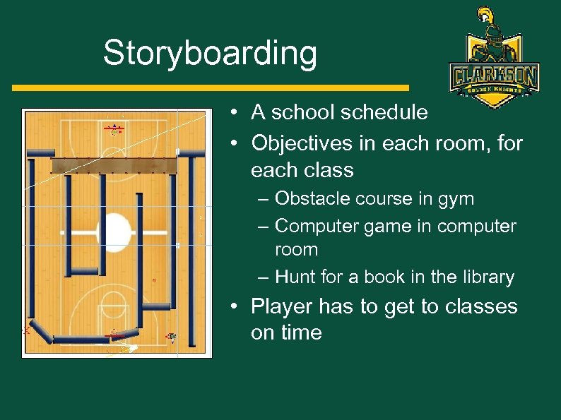 Storyboarding • A school schedule • Objectives in each room, for each class –