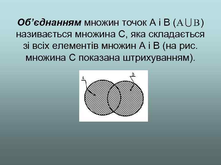 Об’єднанням множин точок A і В ( ) називається множина С, яка складається зі