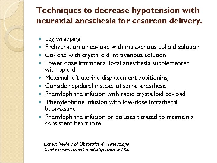 Techniques to decrease hypotension with neuraxial anesthesia for cesarean delivery. Leg wrapping Prehydration or