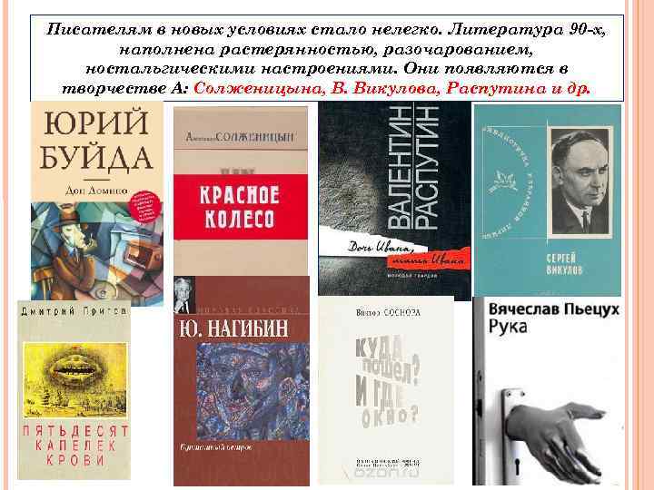 Писателям в новых условиях стало нелегко. Литература 90 -х, наполнена растерянностью, разочарованием, ностальгическими настроениями.