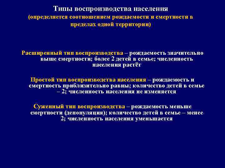 Типы воспроизводства населения (определяется соотношением рождаемости и смертности в пределах одной территории) Расширенный тип