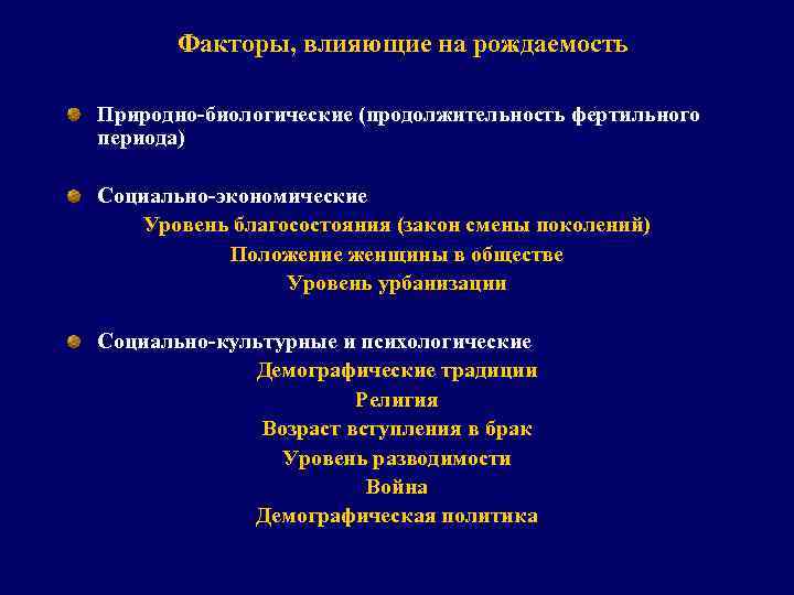 Факторы, влияющие на рождаемость Природно биологические (продолжительность фертильного периода) Социально экономические Уровень благосостояния (закон