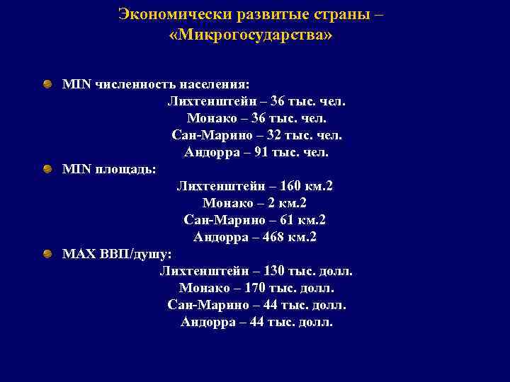 Экономически развитые страны – «Микрогосударства» MIN численность населения: Лихтенштейн – 36 тыс. чел. Монако