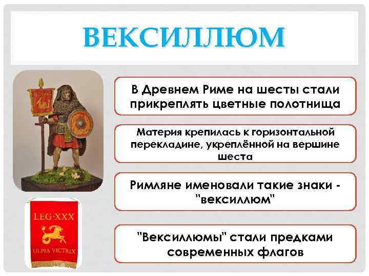 ВЕКСИЛЛЮМ В Древнем Риме на шесты стали прикреплять цветные полотнища Материя крепилась к горизонтальной