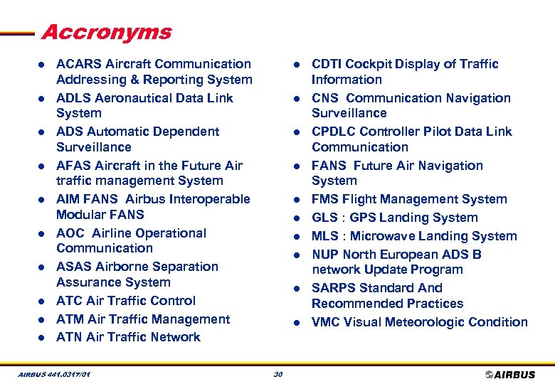 Accronyms l l l l l ACARS Aircraft Communication Addressing & Reporting System ADLS