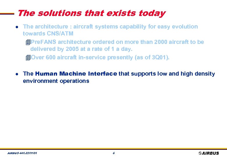 The solutions that exists today l l The architecture : aircraft systems capability for