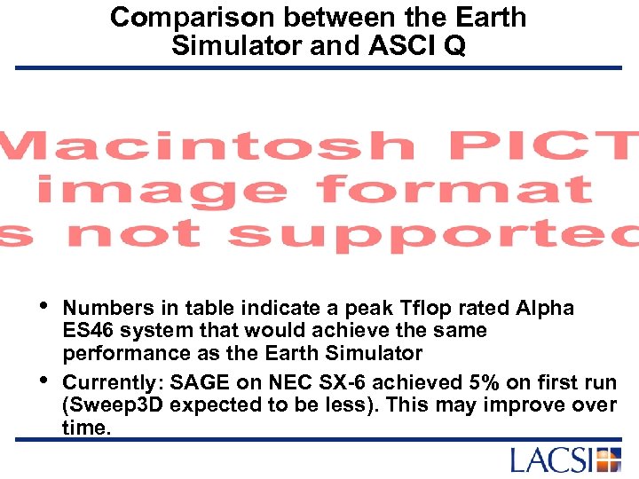 Comparison between the Earth Simulator and ASCI Q • • Numbers in table indicate