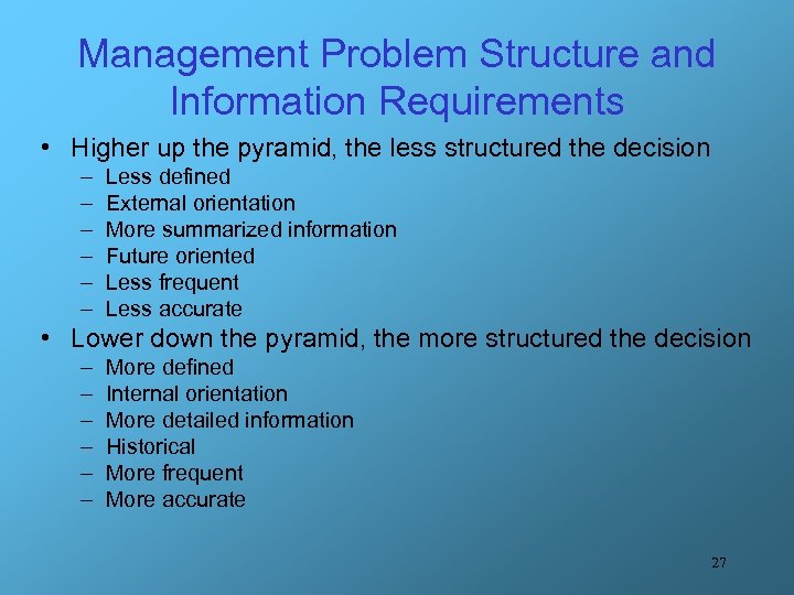Management Problem Structure and Information Requirements • Higher up the pyramid, the less structured