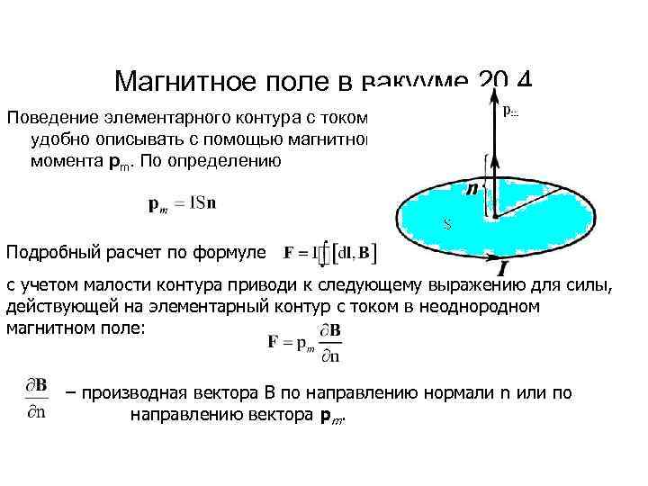 Магнитное поле в вакууме 20. 4 Поведение элементарного контура с током удобно описывать с