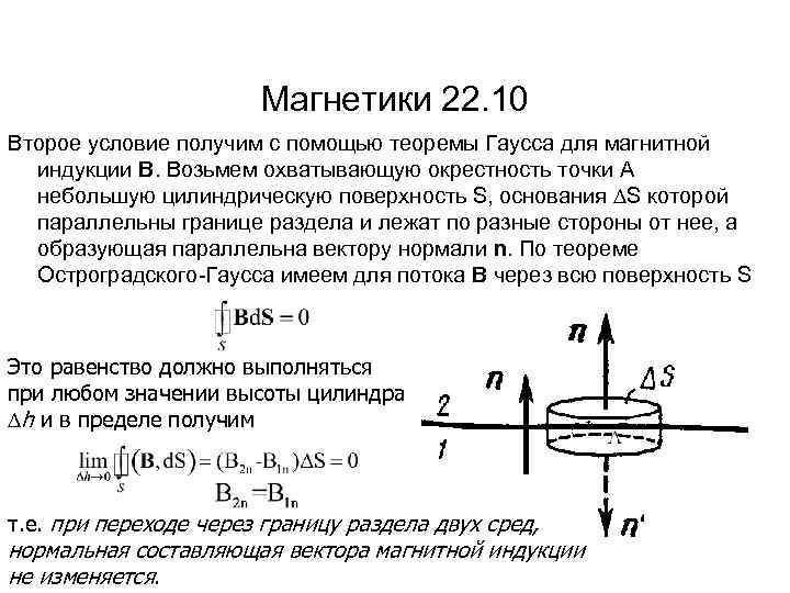 Магнетики 22. 10 Второе условие получим с помощью теоремы Гаусса для магнитной индукции B.