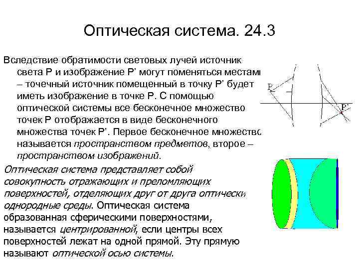 Оптическая система. 24. 3 Вследствие обратимости световых лучей источник света Р и изображение Р’