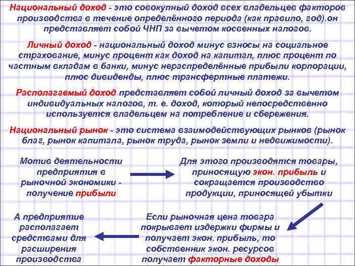 Национальный доход - это совокупный доход всех владельцев факторов производства в течение определённого периода