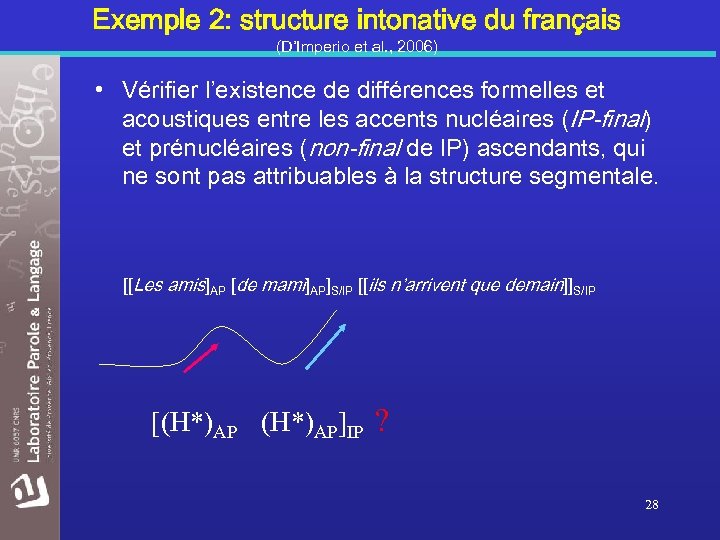 Exemple 2: structure intonative du français (D’Imperio et al. , 2006) • Vérifier l’existence