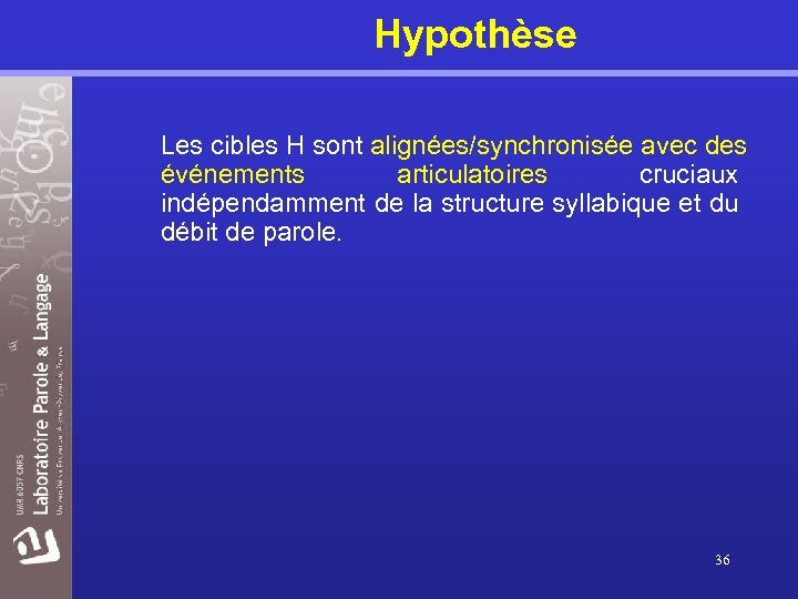 Hypothèse Les cibles H sont alignées/synchronisée avec des événements articulatoires cruciaux indépendamment de la