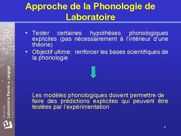 Approche de la Phonologie de Laboratoire • Tester certaines hypothèses phonologiques explicites (pas nécessairement