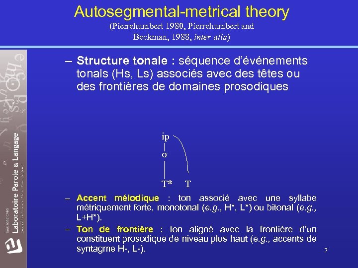 Autosegmental-metrical theory (Pierrehumbert 1980, Pierrehumbert and Beckman, 1988, inter alia) – Structure tonale :