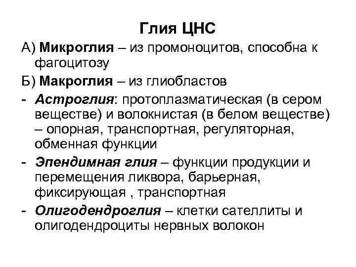 Глия ЦНС А) Микроглия – из промоноцитов, способна к фагоцитозу Б) Макроглия – из