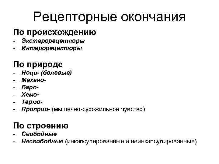 Рецепторные окончания По происхождению - Экстерорецепторы - Интерорецепторы По природе - Ноци- (болевые) Механо.
