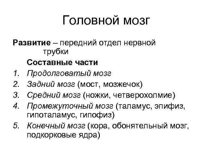 Головной мозг Развитие – передний отдел нервной трубки Составные части 1. Продолговатый мозг 2.