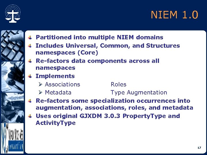 NIEM 1. 0 Partitioned into multiple NIEM domains Includes Universal, Common, and Structures namespaces