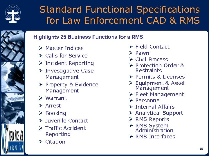 Standard Functional Specifications for Law Enforcement CAD & RMS Highlights 25 Business Functions for
