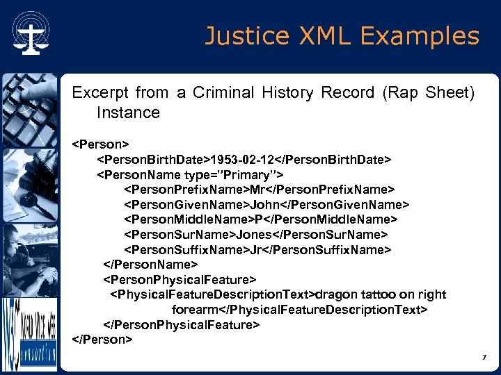 Justice XML Examples Excerpt from a Criminal History Record (Rap Sheet) Instance <Person> <Person.