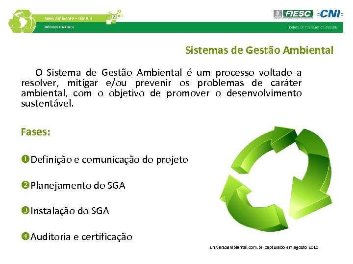 Sistemas de Gestão Ambiental O Sistema de Gestão Ambiental é um processo voltado a