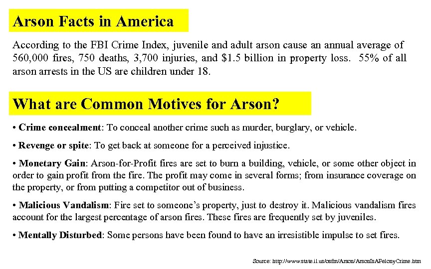 Arson Facts in America According to the FBI Crime Index, juvenile and adult arson