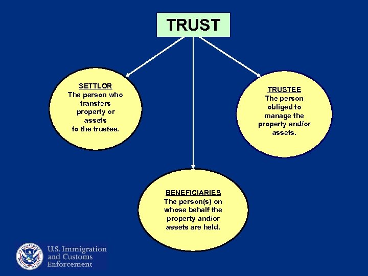 TRUST SETTLOR The person who transfers property or assets to the trustee. TRUSTEE The