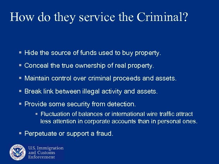 How do they service the Criminal? § Hide the source of funds used to