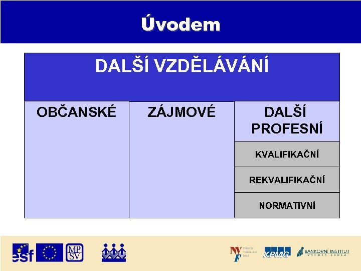 Úvodem DALŠÍ VZDĚLÁVÁNÍ OBČANSKÉ ZÁJMOVÉ DALŠÍ PROFESNÍ KVALIFIKAČNÍ REKVALIFIKAČNÍ NORMATIVNÍ 