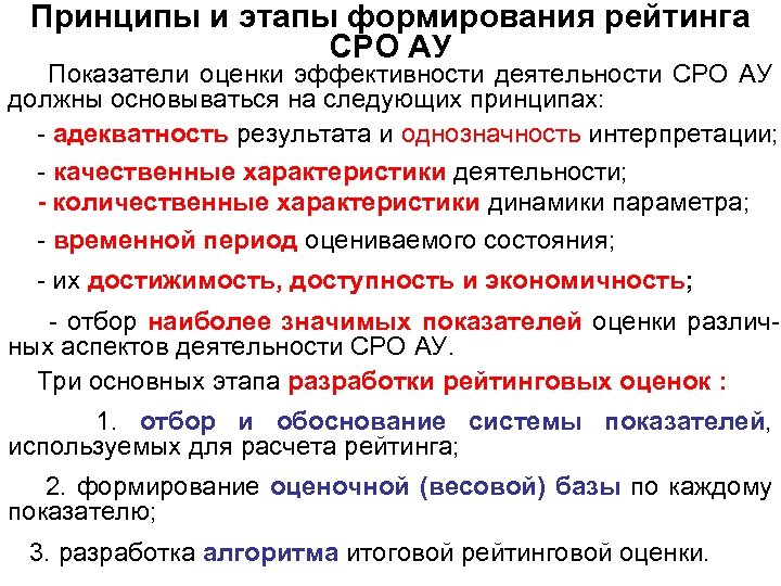 Принципы и этапы формирования рейтинга СРО АУ Показатели оценки эффективности деятельности СРО АУ должны