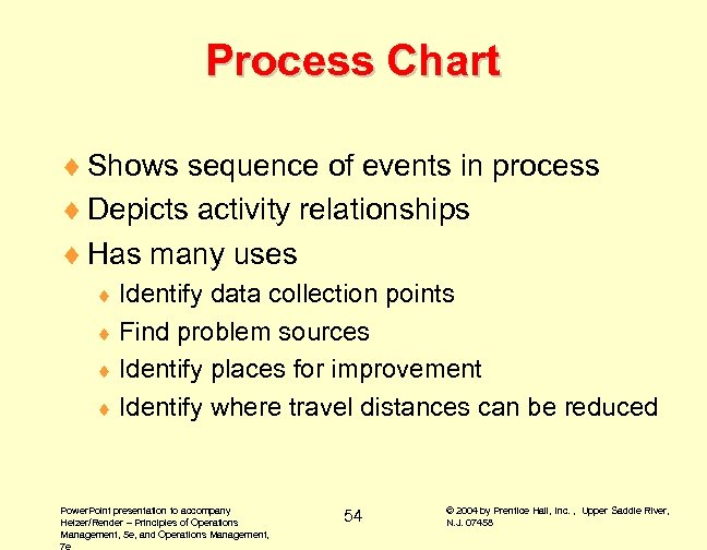 Process Chart ¨ Shows sequence of events in process ¨ Depicts activity relationships ¨