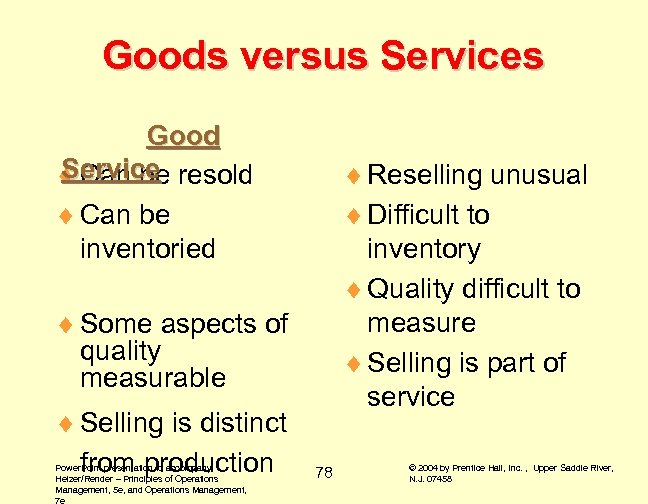 Goods versus Services Good Service ¨ Can be resold ¨ Can be inventoried ¨