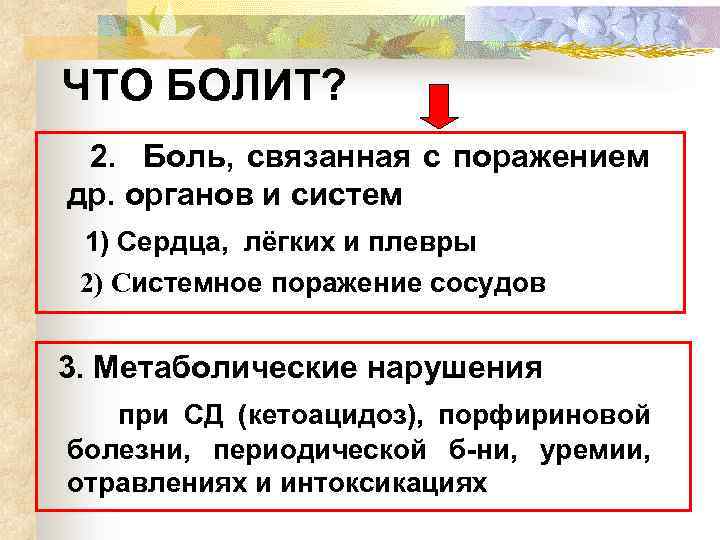 ЧТО БОЛИТ? 2. Боль, связанная с поражением др. органов и систем 1) Сердца, лёгких