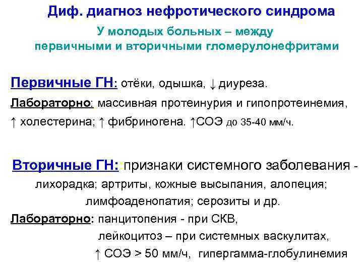 Диф. диагноз нефротического синдрома У молодых больных – между первичными и вторичными гломерулонефритами Первичные