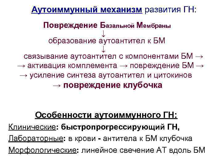 Аутоиммунный механизм развития ГН: Повреждение Базальной Мембраны ↓ образование аутоантител к БМ ↓ связывание