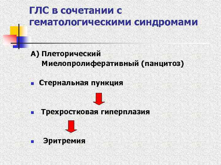 ГЛС в сочетании с гематологическими синдромами А) Плеторический Миелопролиферативный (панцитоз) n n n Стернальная