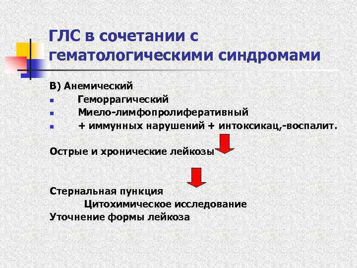 ГЛС в сочетании с гематологическими синдромами В) Анемический n Геморрагический n Миело-лимфопролиферативный n +