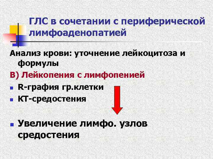 ГЛС в сочетании с периферической лимфоаденопатией Анализ крови: уточнение лейкоцитоза и формулы В) Лейкопения