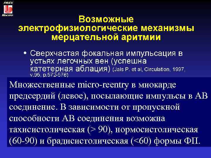 Множественные micro-reentry в миокарде предсердий (левое), посылающие импульсы в АВ соединение. В зависимости от