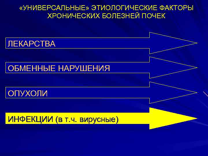  «УНИВЕРСАЛЬНЫЕ» ЭТИОЛОГИЧЕСКИЕ ФАКТОРЫ ХРОНИЧЕСКИХ БОЛЕЗНЕЙ ПОЧЕК ЛЕКАРСТВА ОБМЕННЫЕ НАРУШЕНИЯ ОПУХОЛИ ИНФЕКЦИИ (в т.