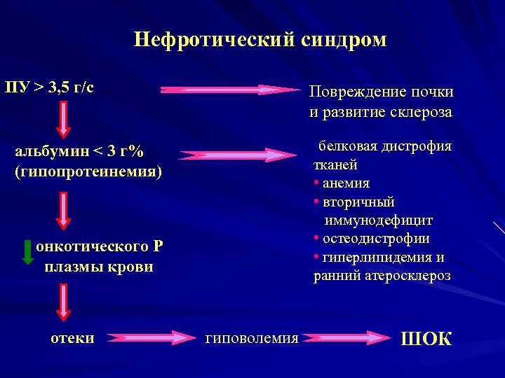 Нефротический синдром ПУ > 3, 5 г/с Повреждение почки и развитие склероза • белковая